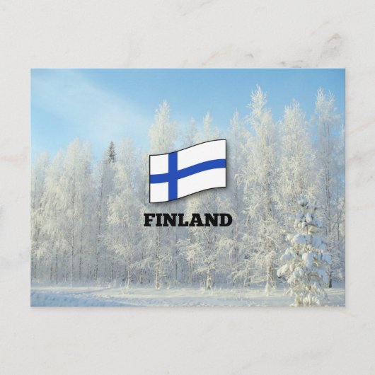 Flagge Finnlands, schneebedeckte Kiefernbäume Postkarte (Vorderseite)