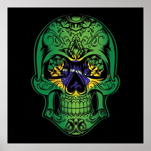 Flagge für den brasilianischen Schädel und Rose Poster (Vorne)