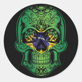 Flagge für den brasilianischen Schädel und Rose Runder Aufkleber