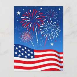 Flagge und Feuerwerk zum vierten Juli Postkarte