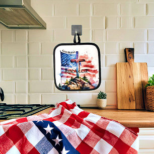 Flagge und Kreuz "Gott segne Amerika" Topflappen