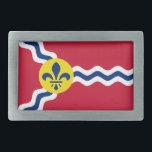 Flagge von St. Louis, Missouri, rechteckiger Gürte Rechteckige Gürtelschnalle<br><div class="desc">Gürtelschnalle mit der Fahne der Stadt St. Louis; rote Fahne mit weißen und blauen Wellen und blaue Flöte in gelbem Kreis</div>