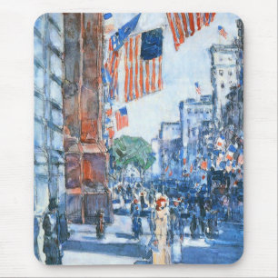 Flags Fifth Avenue by Childe Hassam, Vintag Art Mousepad