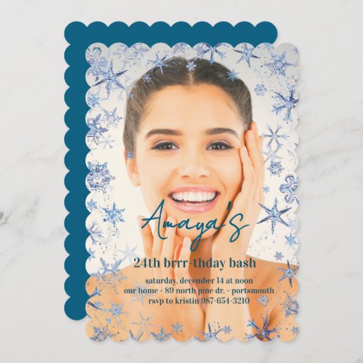 Flakes Frame Winter Birthday Bash Invitation Einladung (Vorne/Hinten)