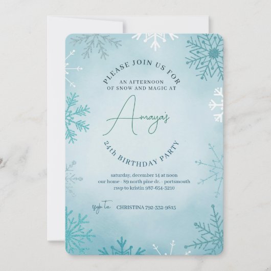Flakes Rahmen Winter Geburtstagsfeier Einladung (Vorderseite)