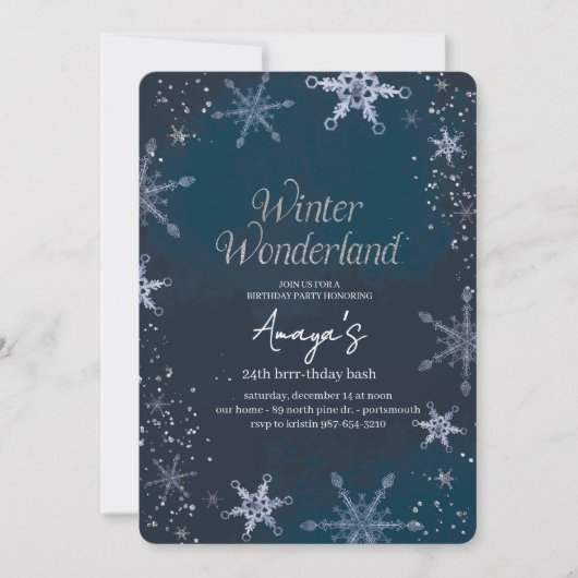 Flakes Rahmen Winter Geburtstagsfeier Einladung (Vorderseite)