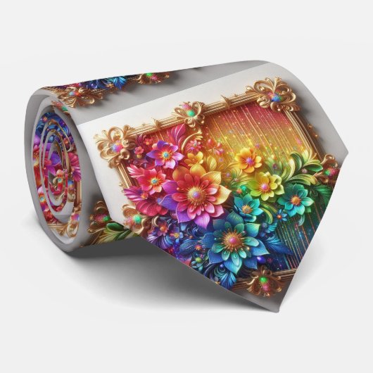 Flamboyant Neck Tie | Rainbow Flowers Faux Glitter Krawatte (Gerollt)