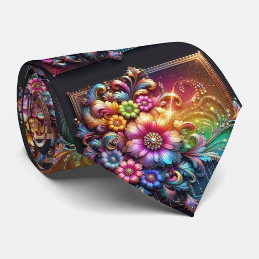 Flamboyant Neck Tie | Rainbow Flowers Faux Glitter Krawatte (Gerollt)