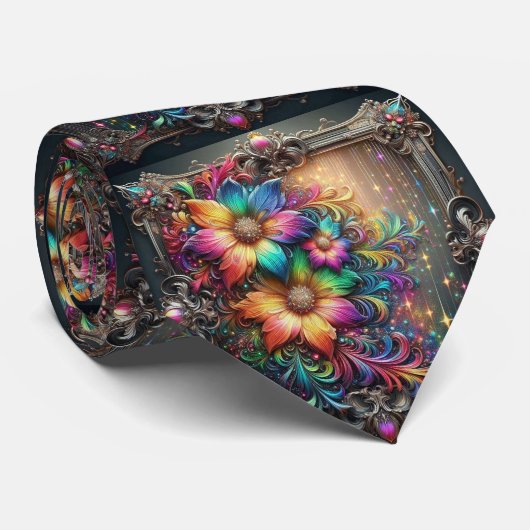 Flamboyant Neck Tie | Rainbow Flowers Faux Glitter Krawatte (Gerollt)