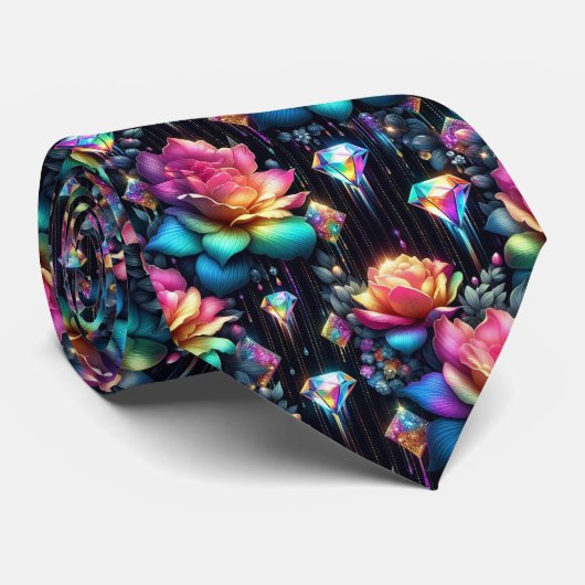 Flamboyante Krawatte | Regenbogenblumen und Diaman (Gerollt)