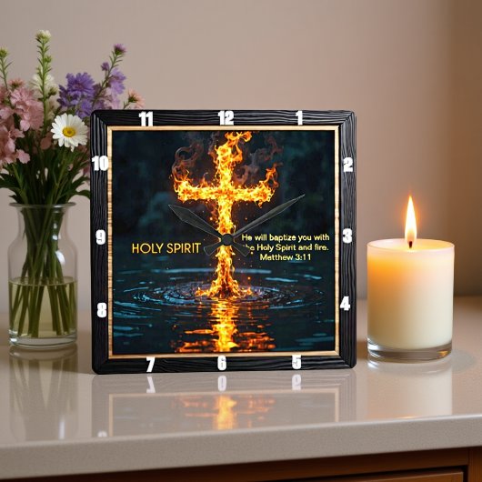 Flame Cross Water Baptism Spirit Matthew 3:11 Quadratische Wanduhr