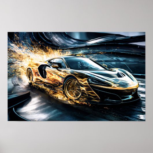 Flame Gold Racing Sports Car Drifting #2 Poster (Vorne)