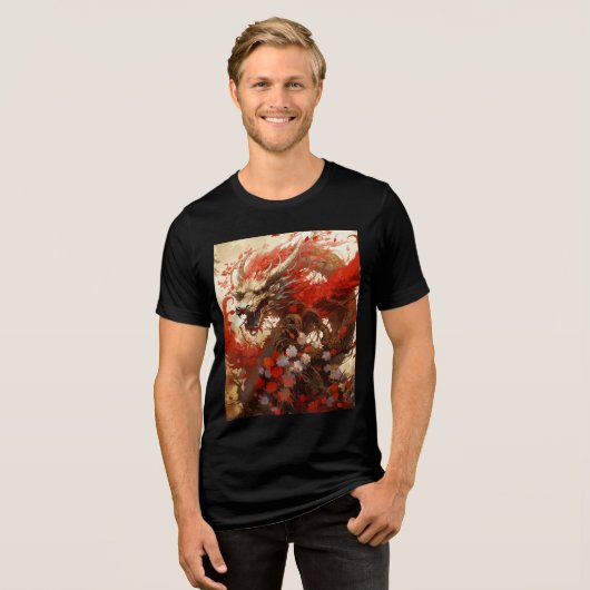 Flame-Haired Dragon with Blossoms Tri-Blend Shirt (Vorderseite voll)