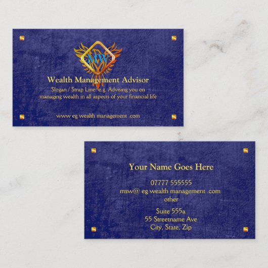 Flame Phoenix, blaues Leder-Look, Vermögensberater Visitenkarte (Vorne/Hinten)