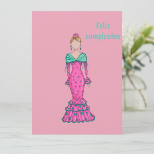 Flamenca traje rosa con lunares verdes  karte (Stehend Vorderseite)