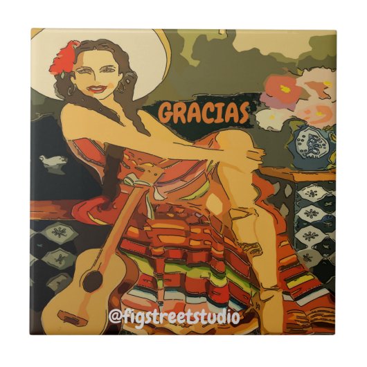 Flamenco Guitar Woman, Text hinzufügen, Tile Mural Fliese (Vorderseite)