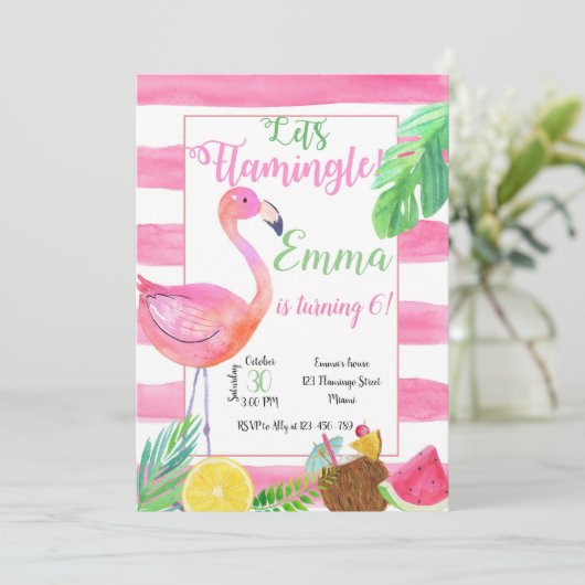 Flaminfo Birthday Invitation, Flamingo Invitation, Einladung (Stehend Vorderseite)