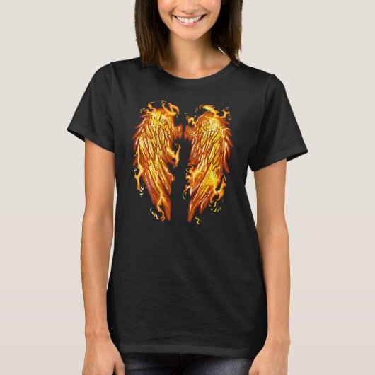 Flaming Angel Wings On Back Fire Feathers T-Shirt (Vorderseite)