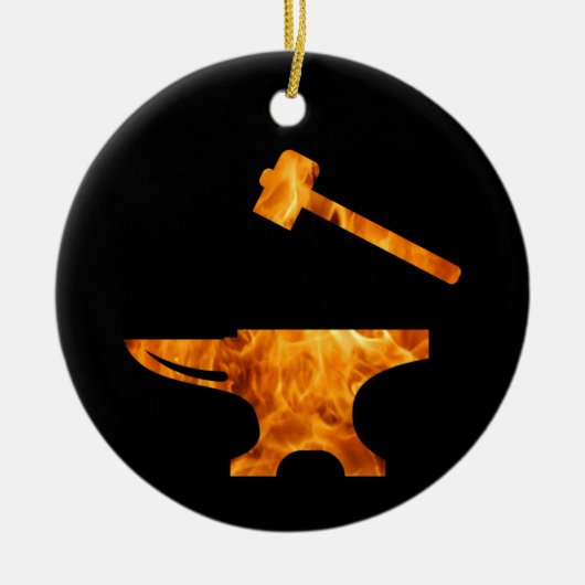 Flaming Anvil & Hammer Blacksmith Metalworking Keramik Ornament (Vorne)