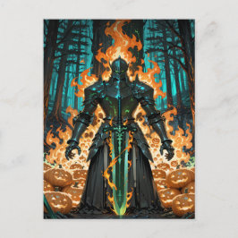 Flaming Pumpkin Knight Dark Forest Halloween Feiertagspostkarte