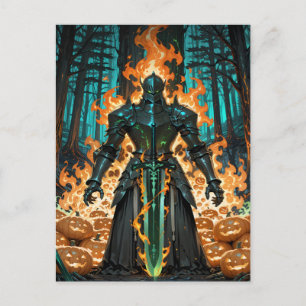 Flaming Pumpkin Knight Dark Forest Halloween Feiertagspostkarte