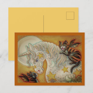 FLAMING SCHWARZE KATZEN MIT HALLOWEEN UNICORN farb Feiertagspostkarte