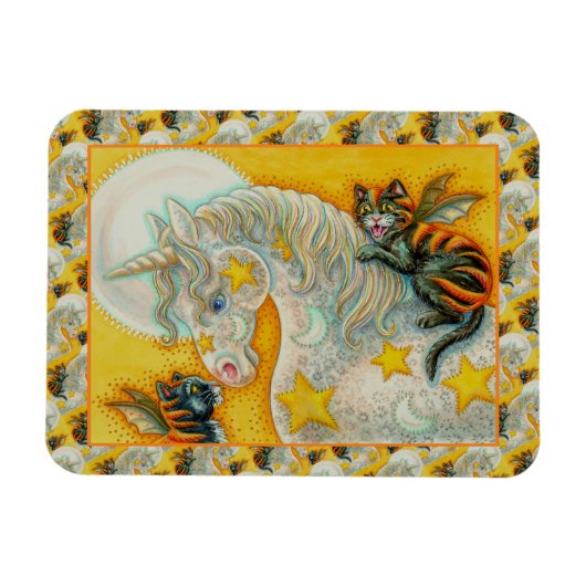 FLAMING SCHWARZE KATZEN MIT HALLOWEEN UNICORN farb Magnet (Horizontal)