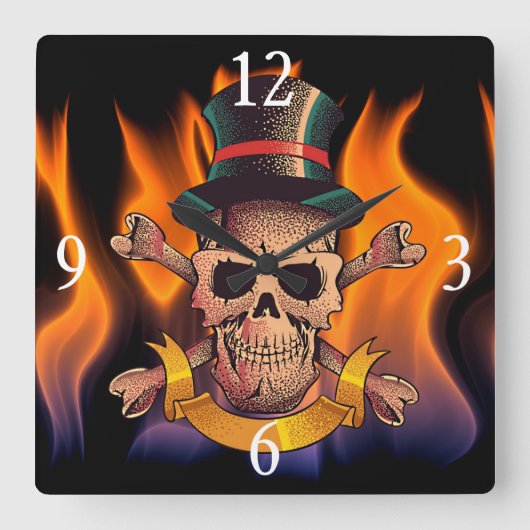 Flaming Skull Quadratische Wanduhr (Vorderseite)