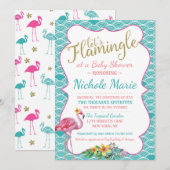Flamingle Baby-Duschen-Einladungs-aquamarines rosa Einladung (Vorne/Hinten)
