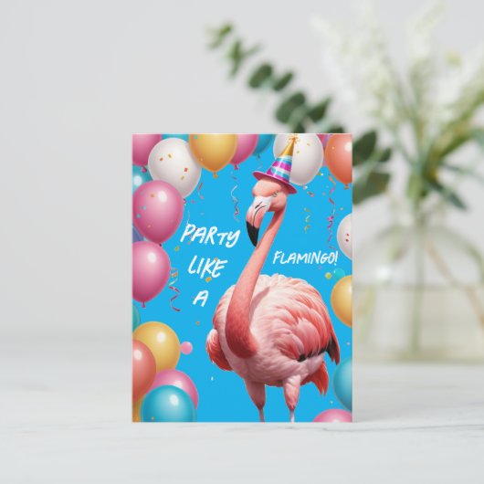 Flamingle & Feast - Funny Flamingo Birthday Surpri Postkarte (Stehend Vorderseite)