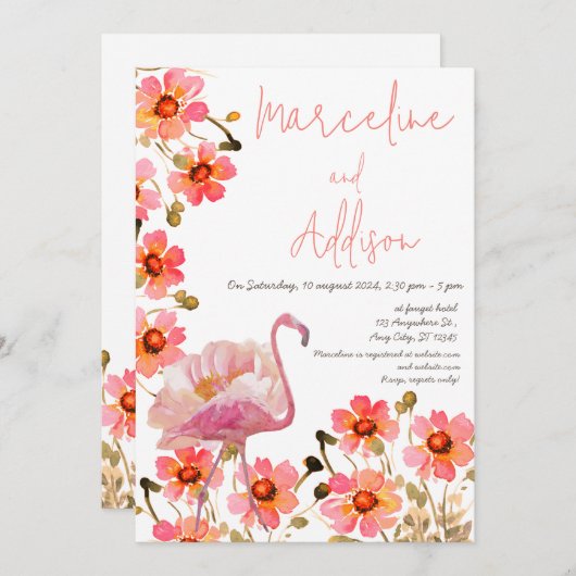 Flamingle Floral Wedding Einladung (Vorne/Hinten)
