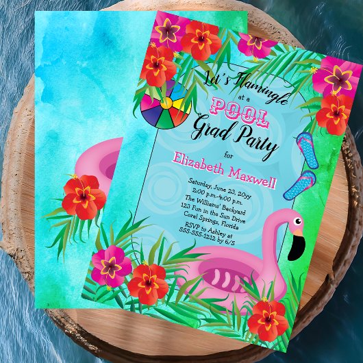 Flamingle Pink Floral Abschluss Pool Party Einladung