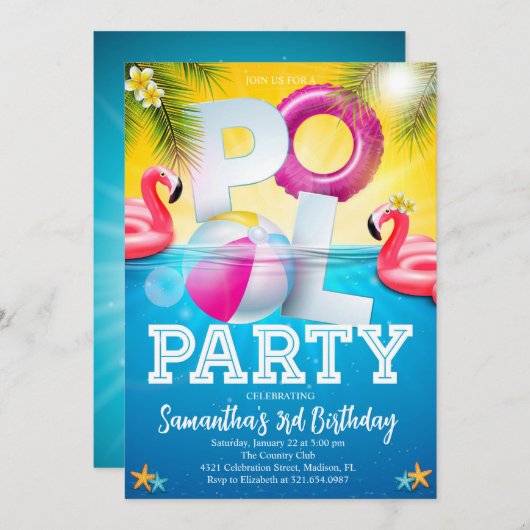Flamingle Pool Party Geburtstag Einladung (Vorne/Hinten)
