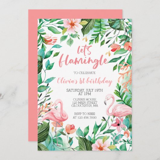 Flamingle Tropical ersten Geburtstag Flamingo Einladung (Vorne/Hinten)