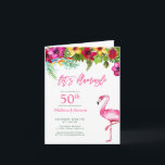 Flamingo 50. Geburtstag Einladung<br><div class="desc">Set den Ton für eine lustige, sommerliche 50. Geburtstagsfeier mit dieser niedlichen tropischen "Let's Flamingle" gefaltet Party Einladung! Mit einem hellen, tropischen, floralen Tropfen von bunten Hibiskus, Flaschenbürste, hellen Vogel des Paradieses und Palmen Blätter, gefolgt von "Let's Flamingle" in Flamingo rosa. Ihre persönliche Nachricht erscheint im Inneren, und die Karte...</div>