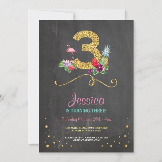 Flamingo Aloha 3. Geburtstagsparty Chalk Einladung (Vorderseite)