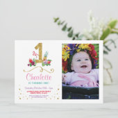 Flamingo Aloha First One Birthday Party Foto Einladung (Stehend Vorderseite)