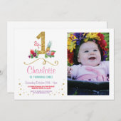 Flamingo Aloha First One Birthday Party Foto Einladung (Vorne/Hinten)