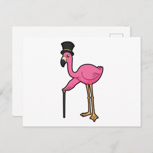 Flamingo als Bräutigam mit Hut und Rohr Postkarte (Vorne/Hinten)