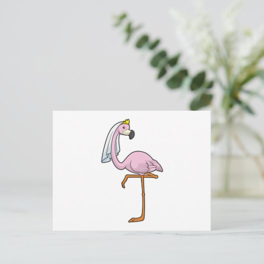 Flamingo als Bride bei Hochzeit mit Veil Postkarte (Stehend Vorderseite)