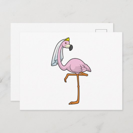 Flamingo als Bride bei Hochzeit mit Veil Postkarte (Vorne/Hinten)