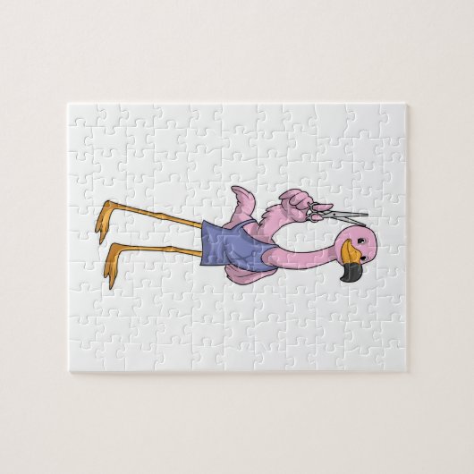 Flamingo als Friseur mit Schere Puzzle (Horizontal)