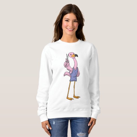 Flamingo als Friseur mit Schere Sweatshirt (Vorne ganz)