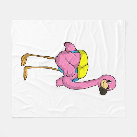 Flamingo als Schüler mit Schultasche Fleecedecke (Vorderseite (Horizontal))