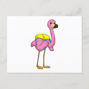 Flamingo als Schüler mit Schultasche Postkarte