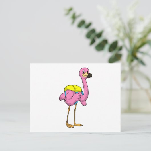 Flamingo als Schüler mit Schultasche Postkarte (Stehend Vorderseite)