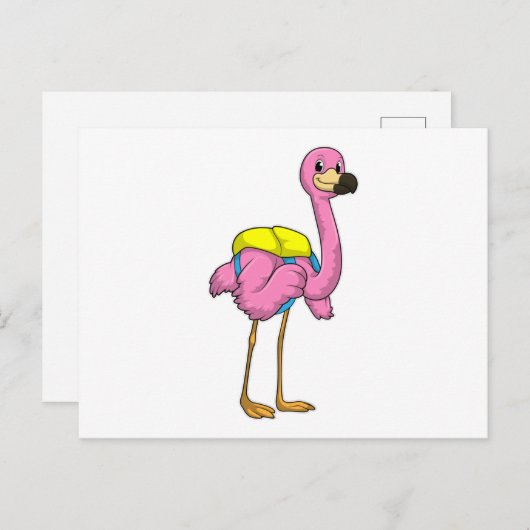 Flamingo als Schüler mit Schultasche Postkarte (Vorne/Hinten)