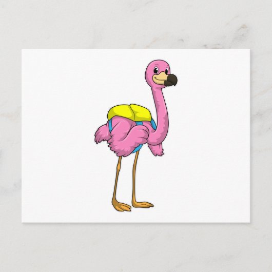 Flamingo als Schüler mit Schultasche Postkarte (Vorderseite)