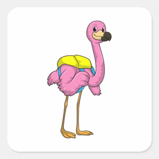 Flamingo als Schüler mit Schultasche Quadratischer Aufkleber (Vorderseite)