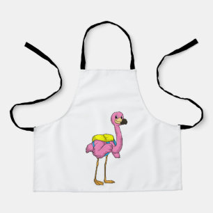 Flamingo als Schüler mit Schultasche Schürze